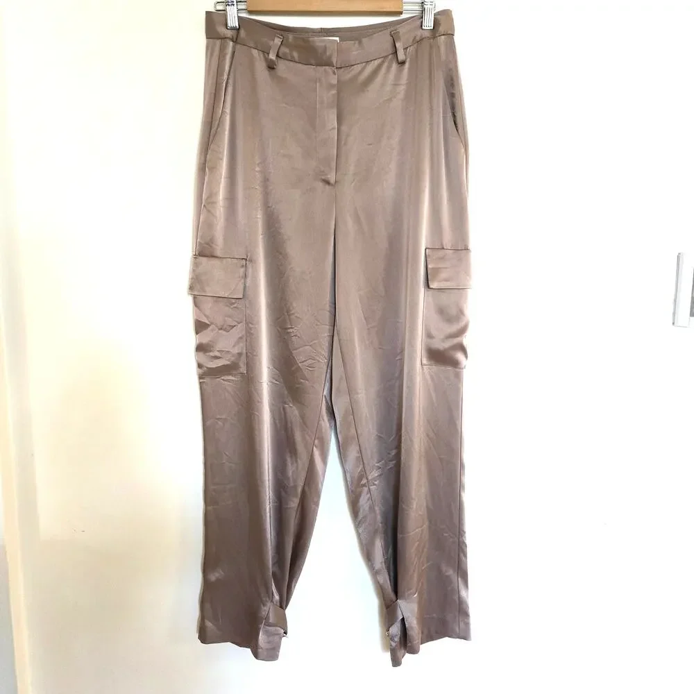Babaton Aritzia Size 10 Champagne Taupe Refined Satin Cargo Wide Leg Pants - Picture 2 of 10